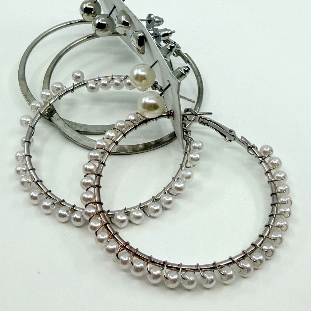 Vintage Y2K Silver Tone Faux Pearl Hoop Stud Earrings Set - 4 Pairs